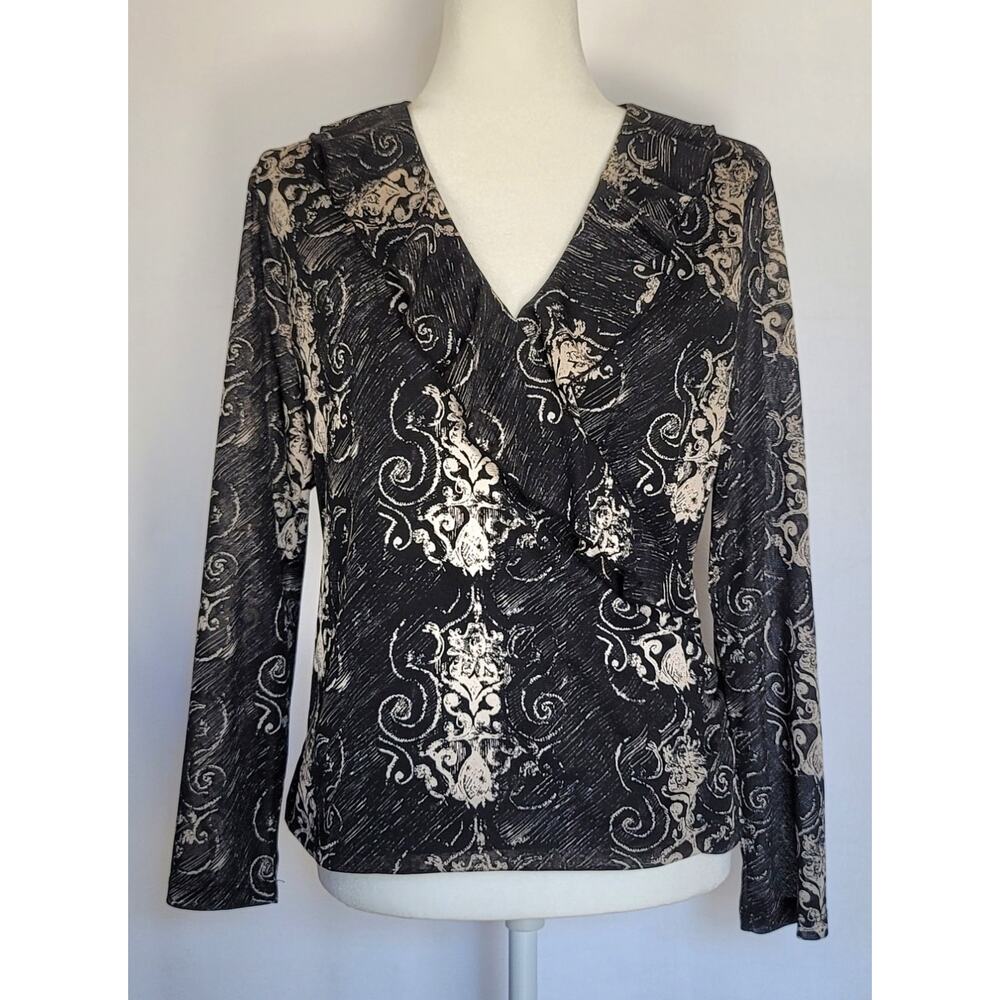 AK Anne Klein Black & Tan Fair Isle Long Sleeve Ruffle V-Neck Blouse Size M